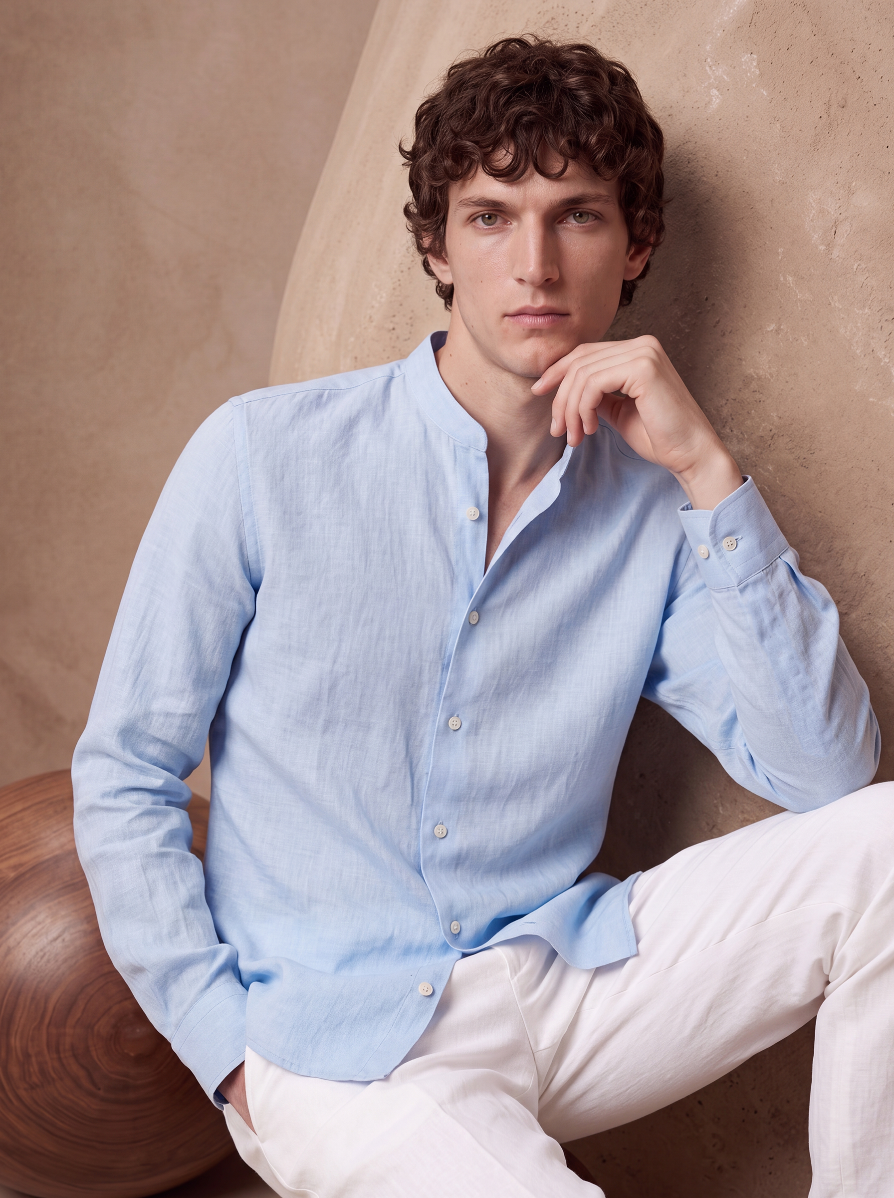 LINEN MANDARIN COLLAR SHIRT - Baby Blue