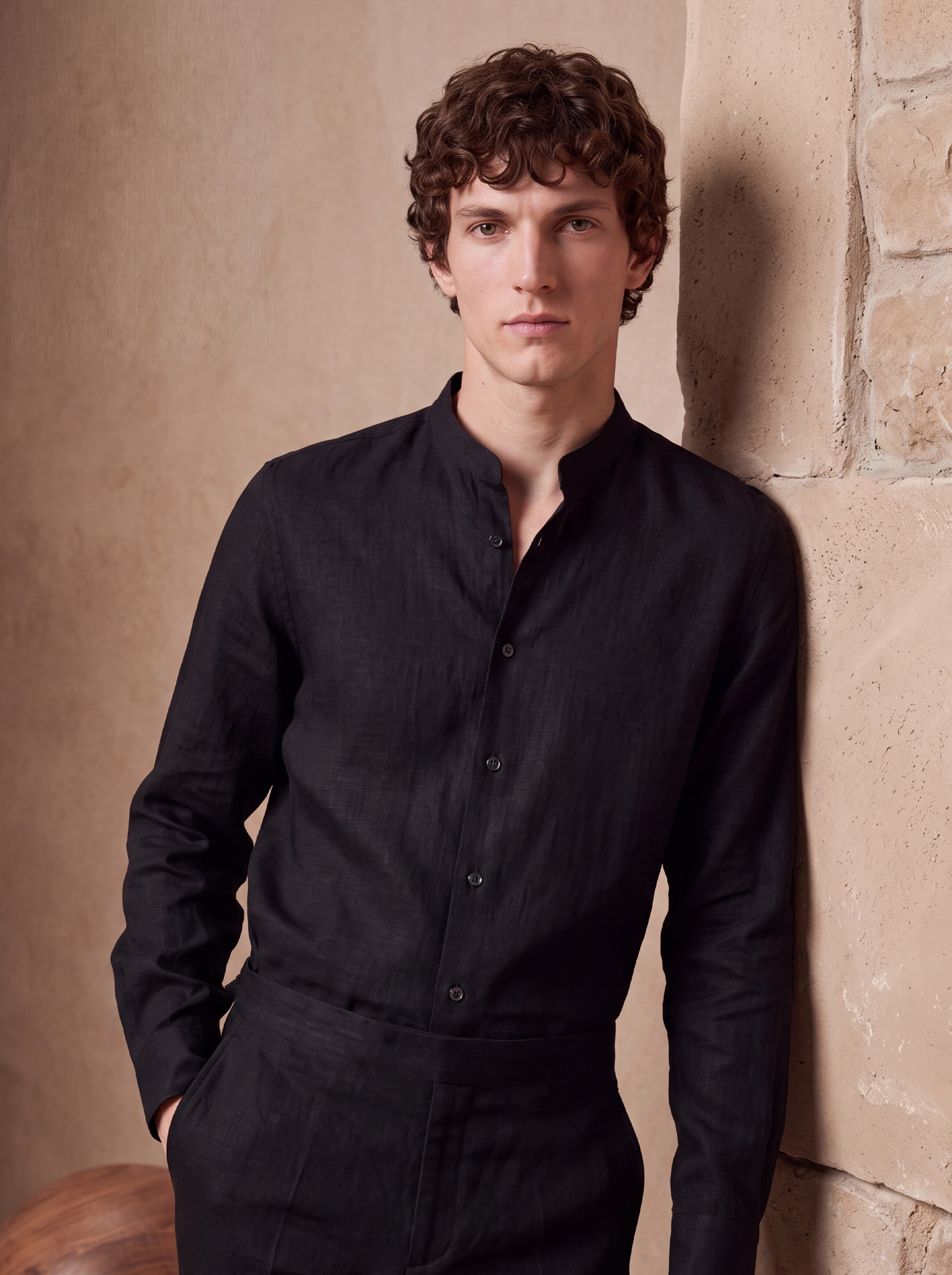 LINEN MANDARIN COLLAR SHIRT - Black