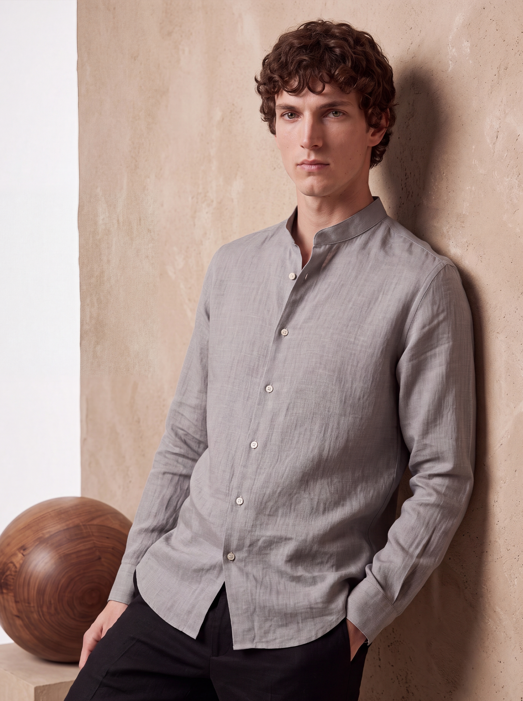 LINEN MANDARIN COLLAR SHIRT - Grey