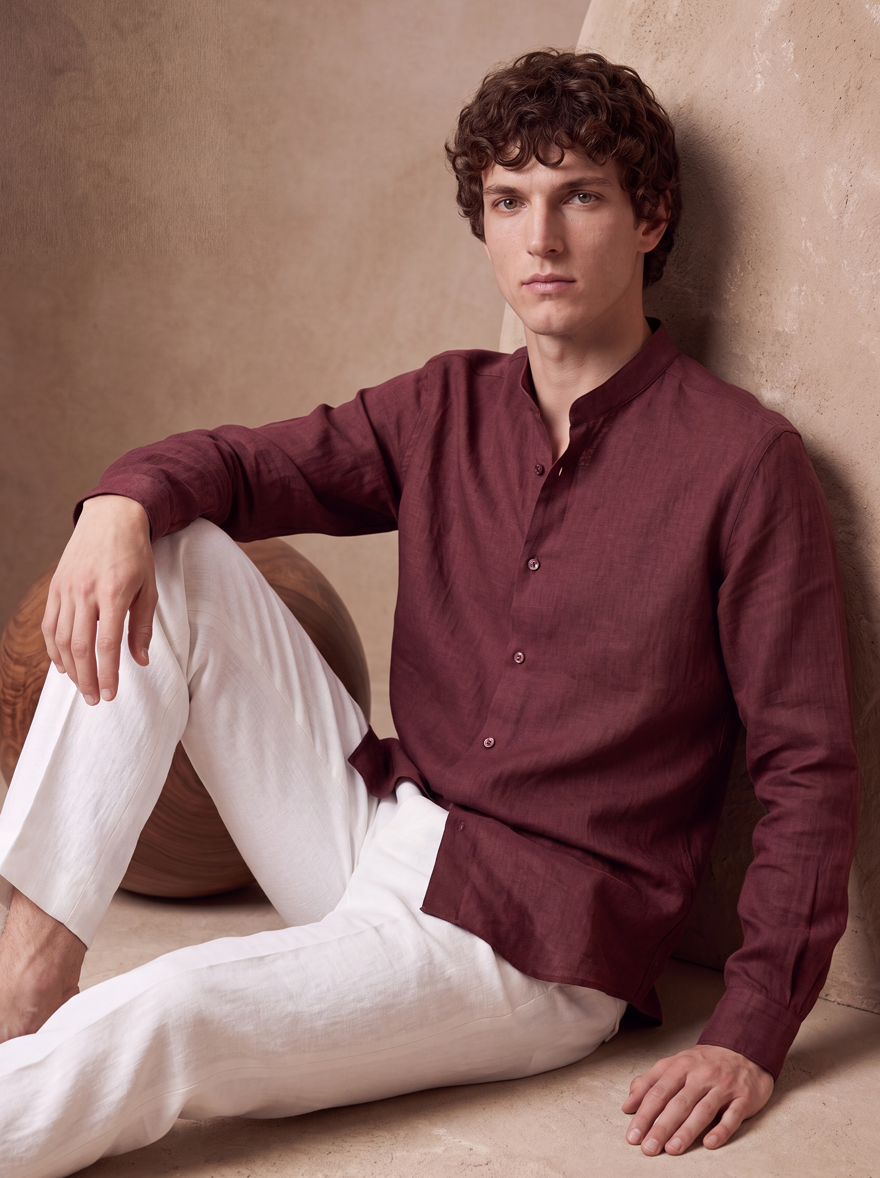 LINEN MANDARIN COLLAR SHIRT - Maroon