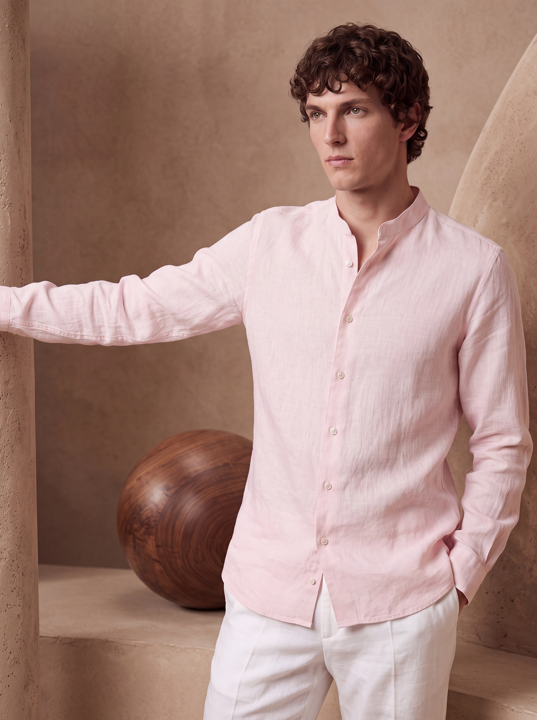 LINEN MANDARIN COLLAR SHIRT - Baby Pink