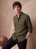 LINEN MANDARIN COLLAR SHIRT - Olive Green