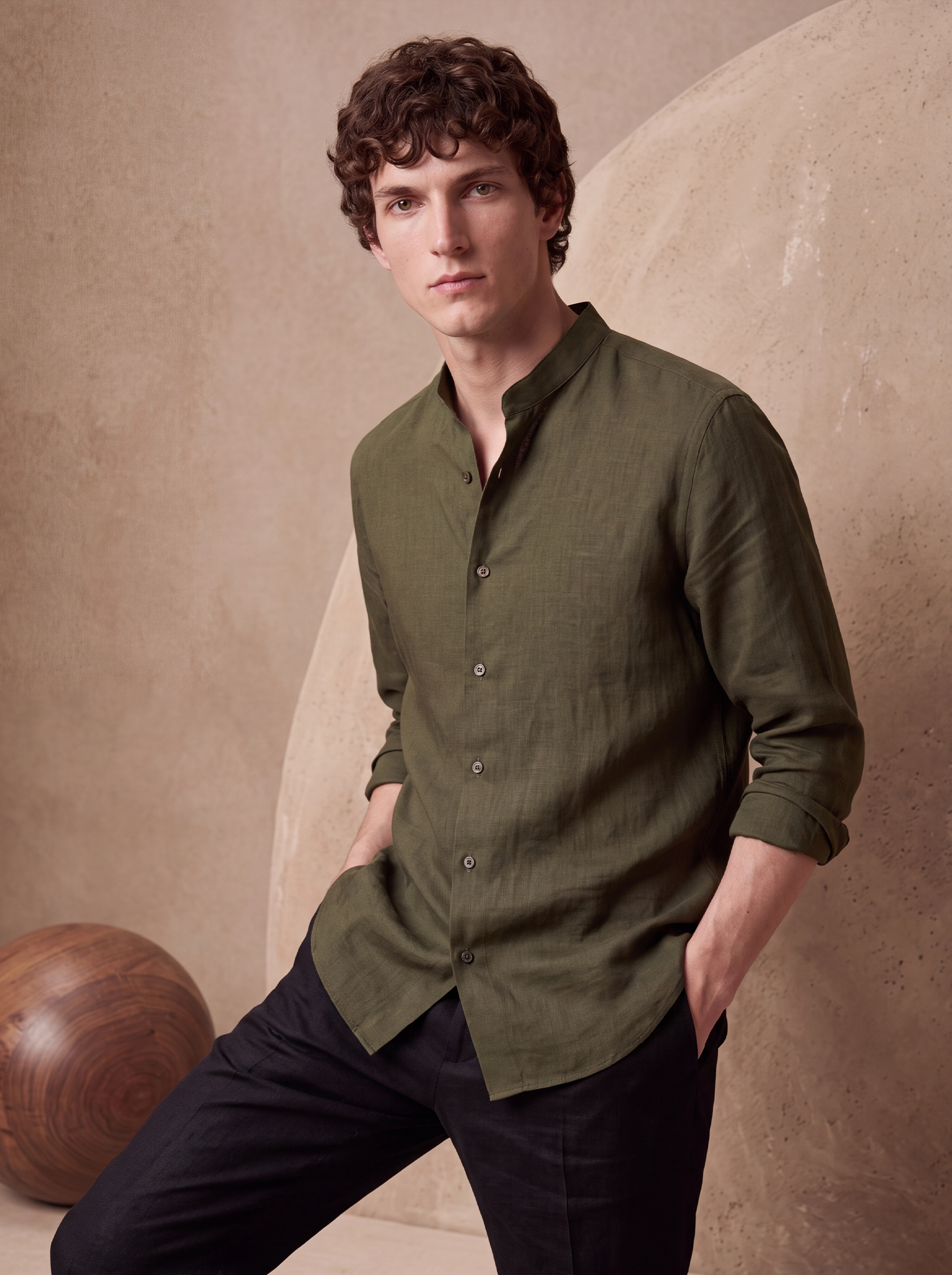 LINEN MANDARIN COLLAR SHIRT - Olive Green