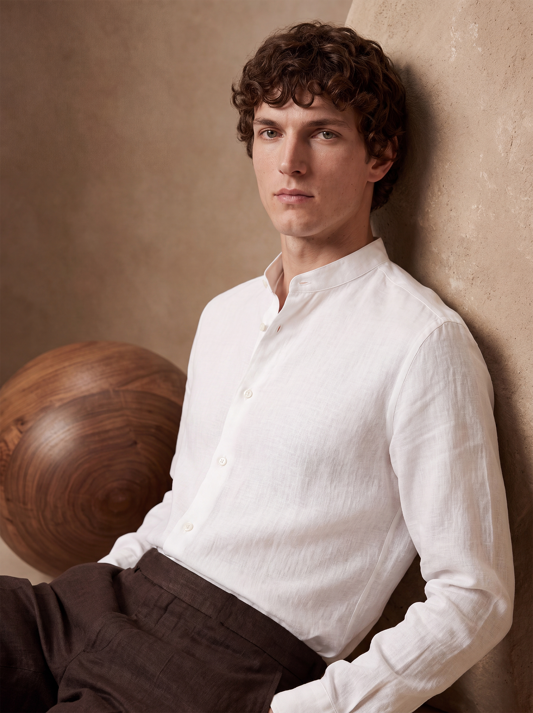 LINEN MANDARIN COLLAR SHIRT - White