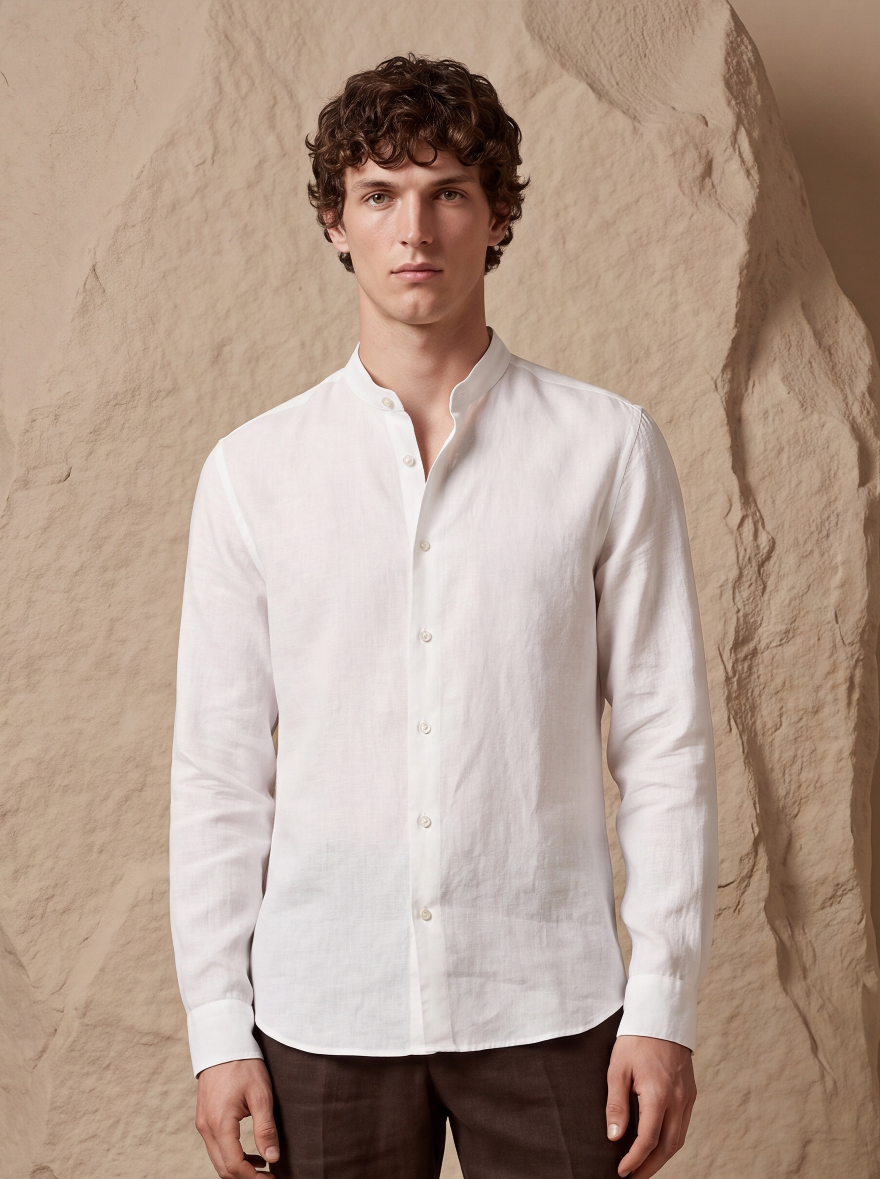 LINEN MANDARIN COLLAR SHIRT - White