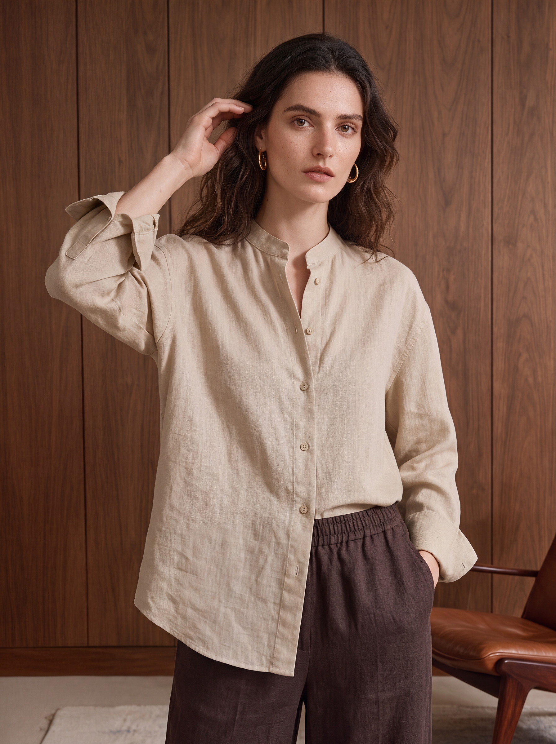 Women's LINEN BLEND SHIRT - Beige