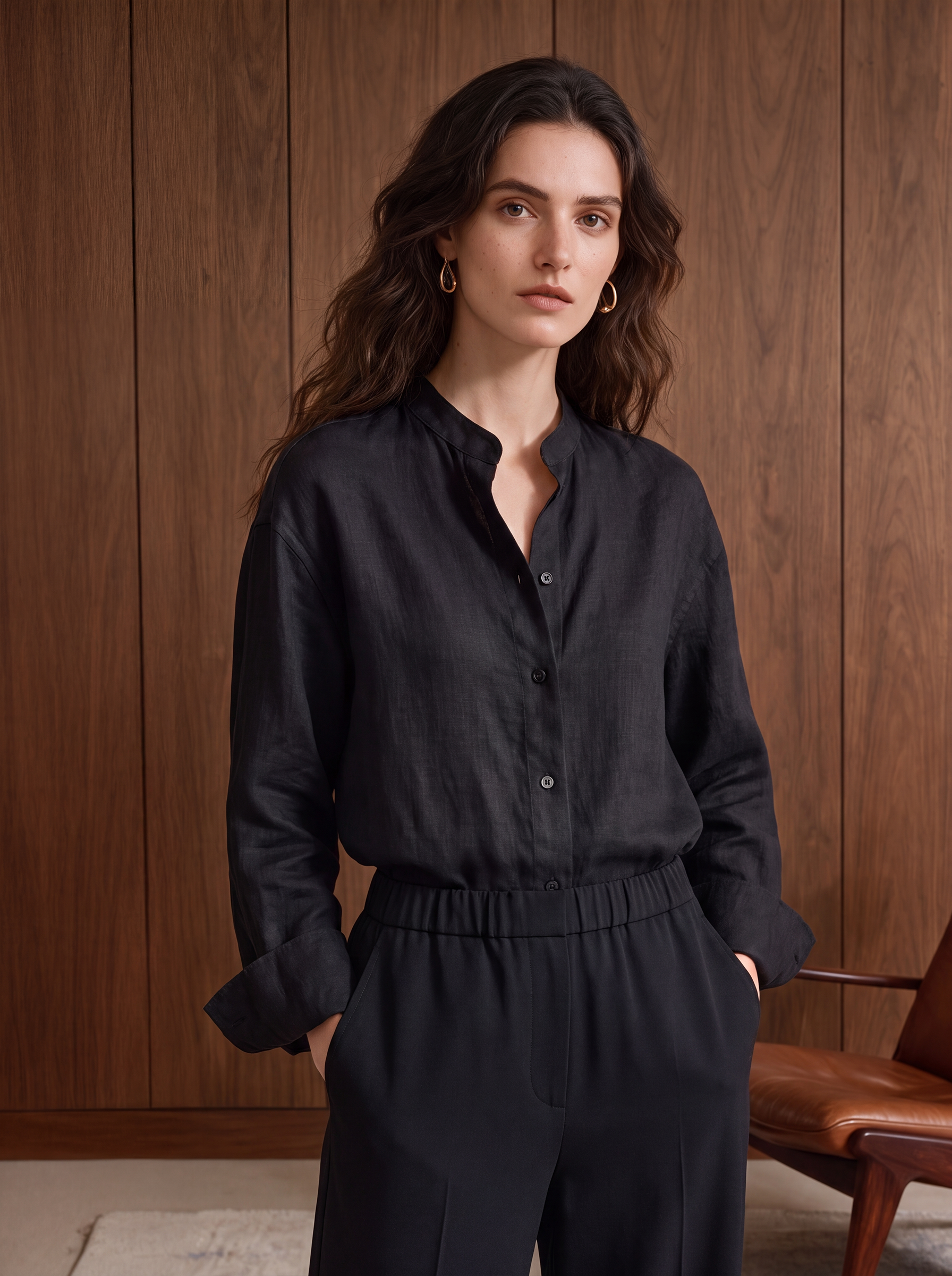 Women's LINEN BLEND SHIRT - Black