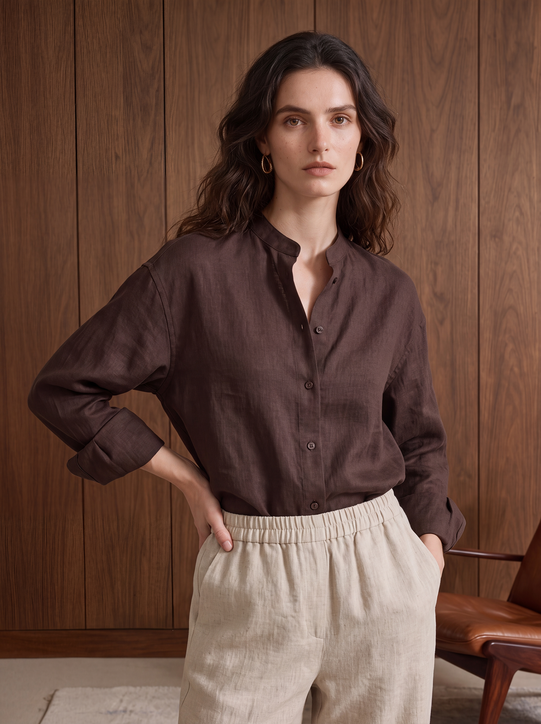 Women's LINEN BLEND SHIRT - Brown