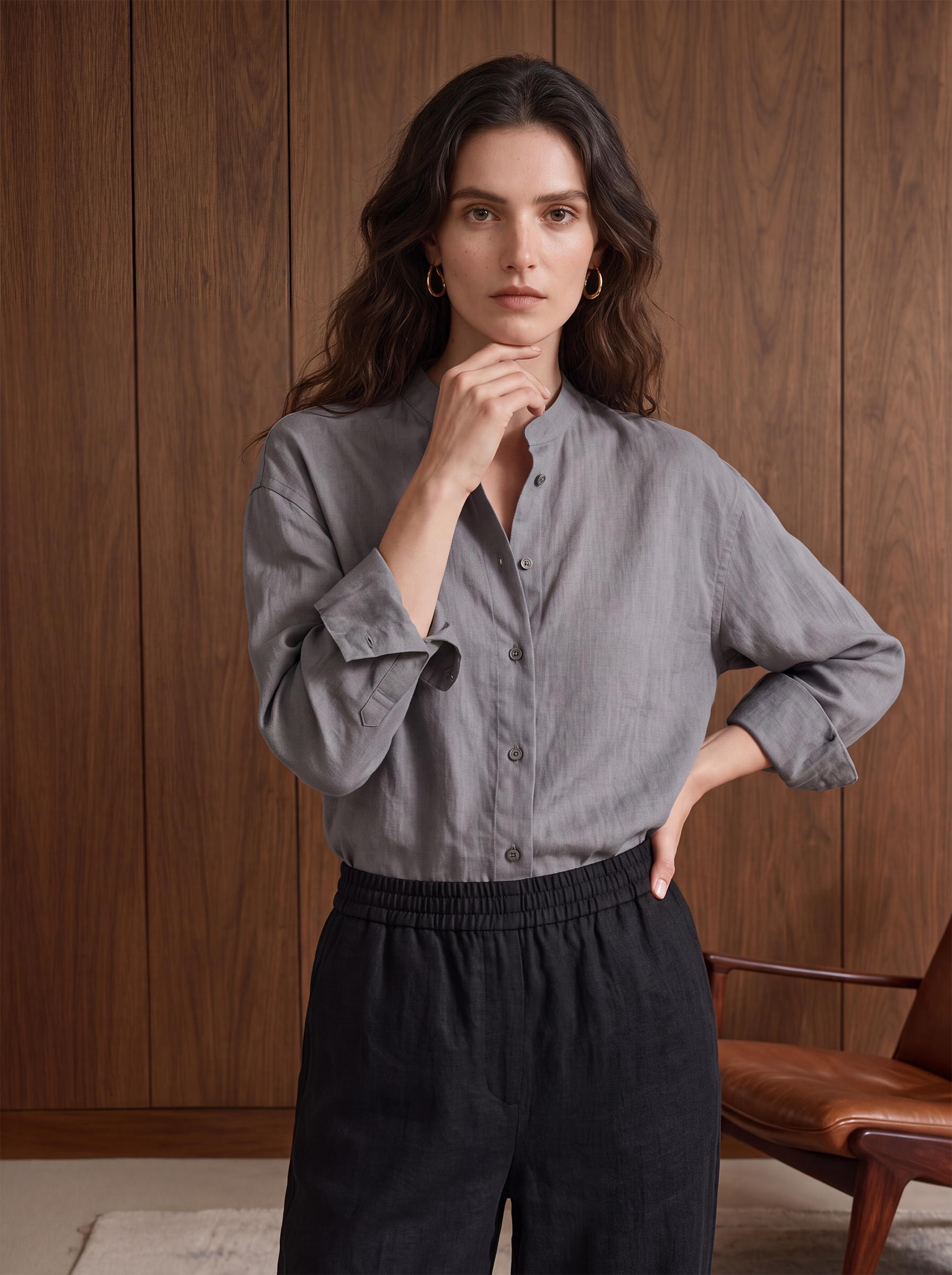 Women's LINEN BLEND SHIRT - Grey