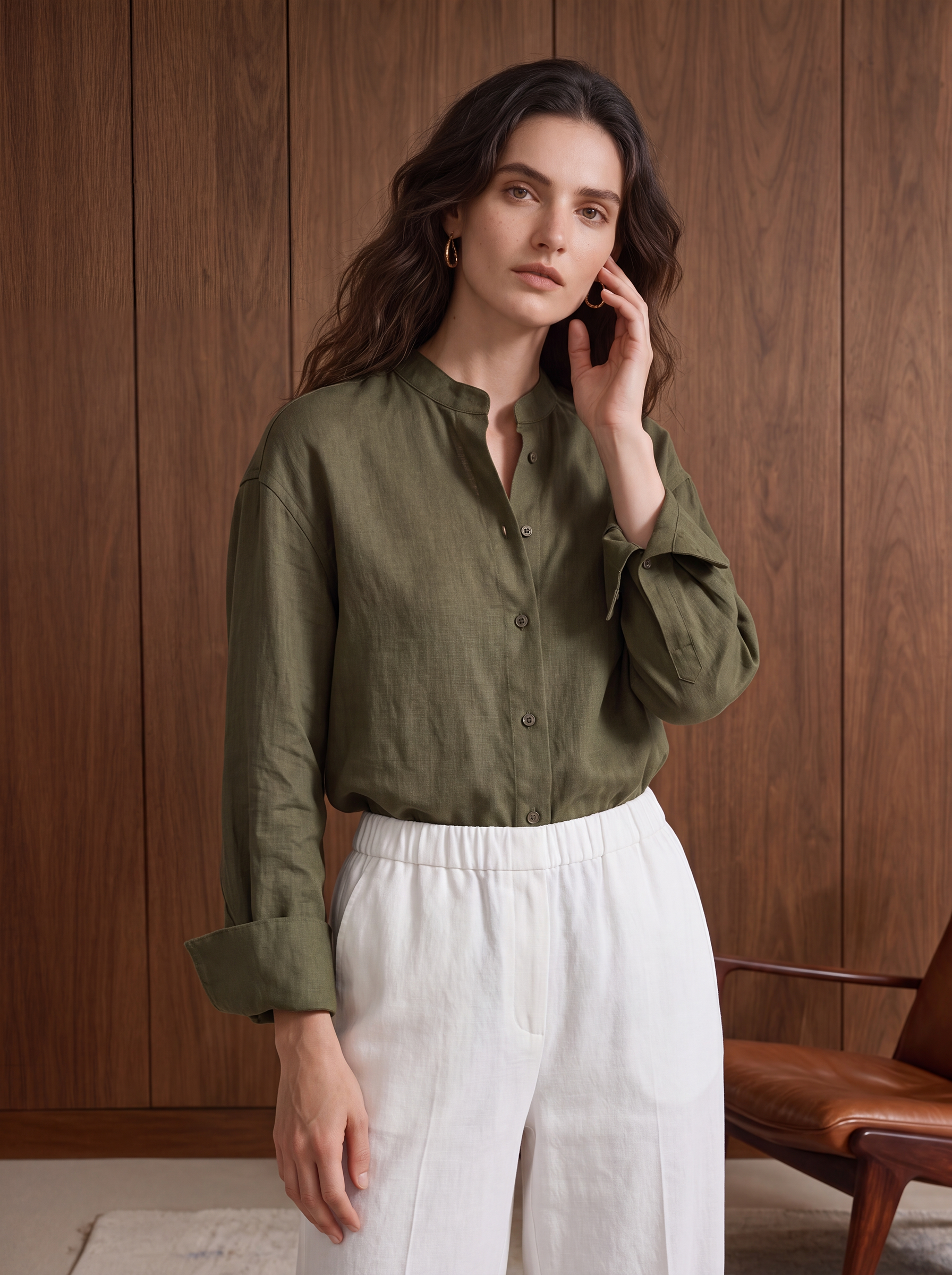 Women's LINEN BLEND SHIRT - Olive Green