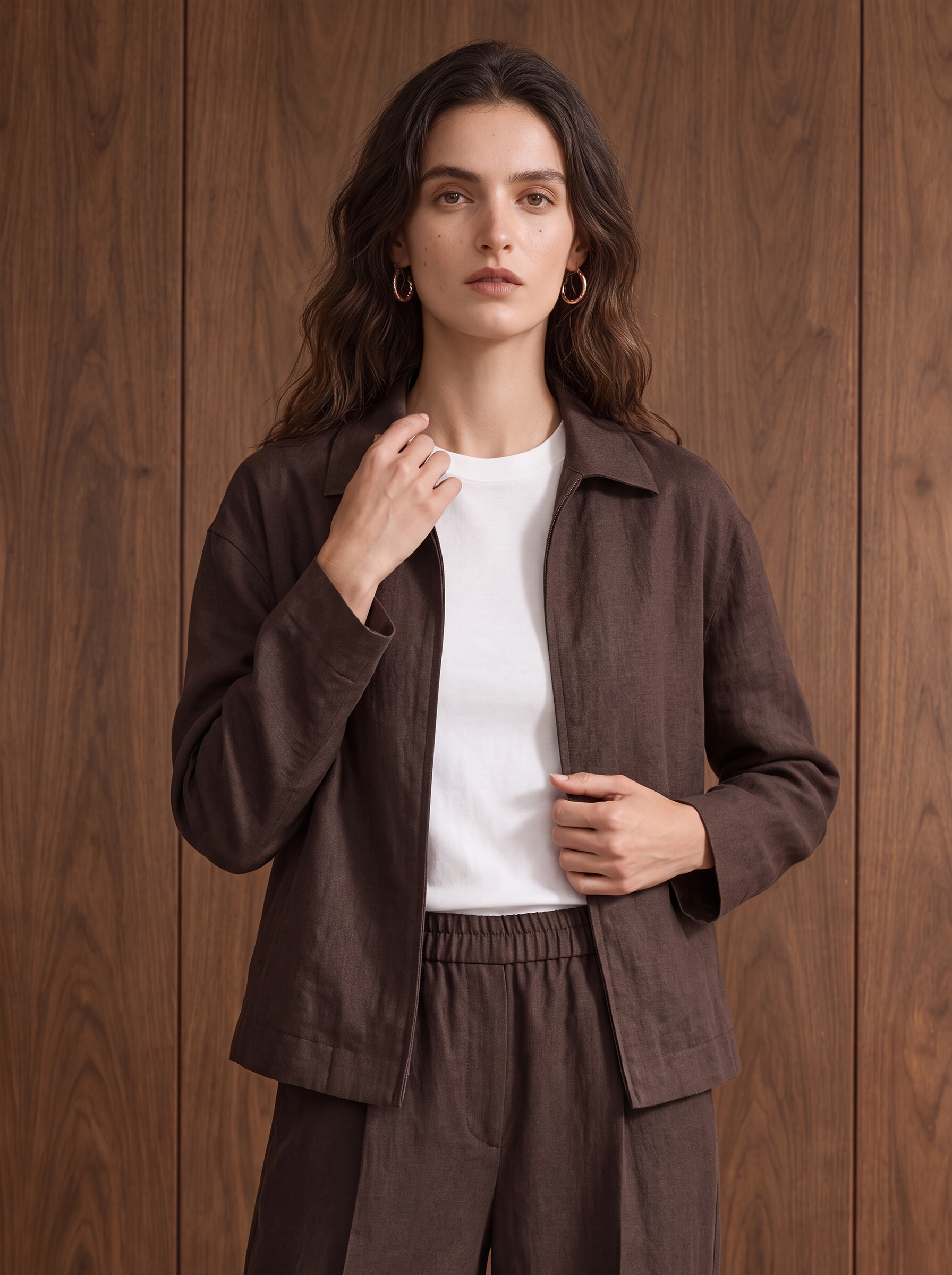 Women's LINEN BLEND SHACKET - Brown
