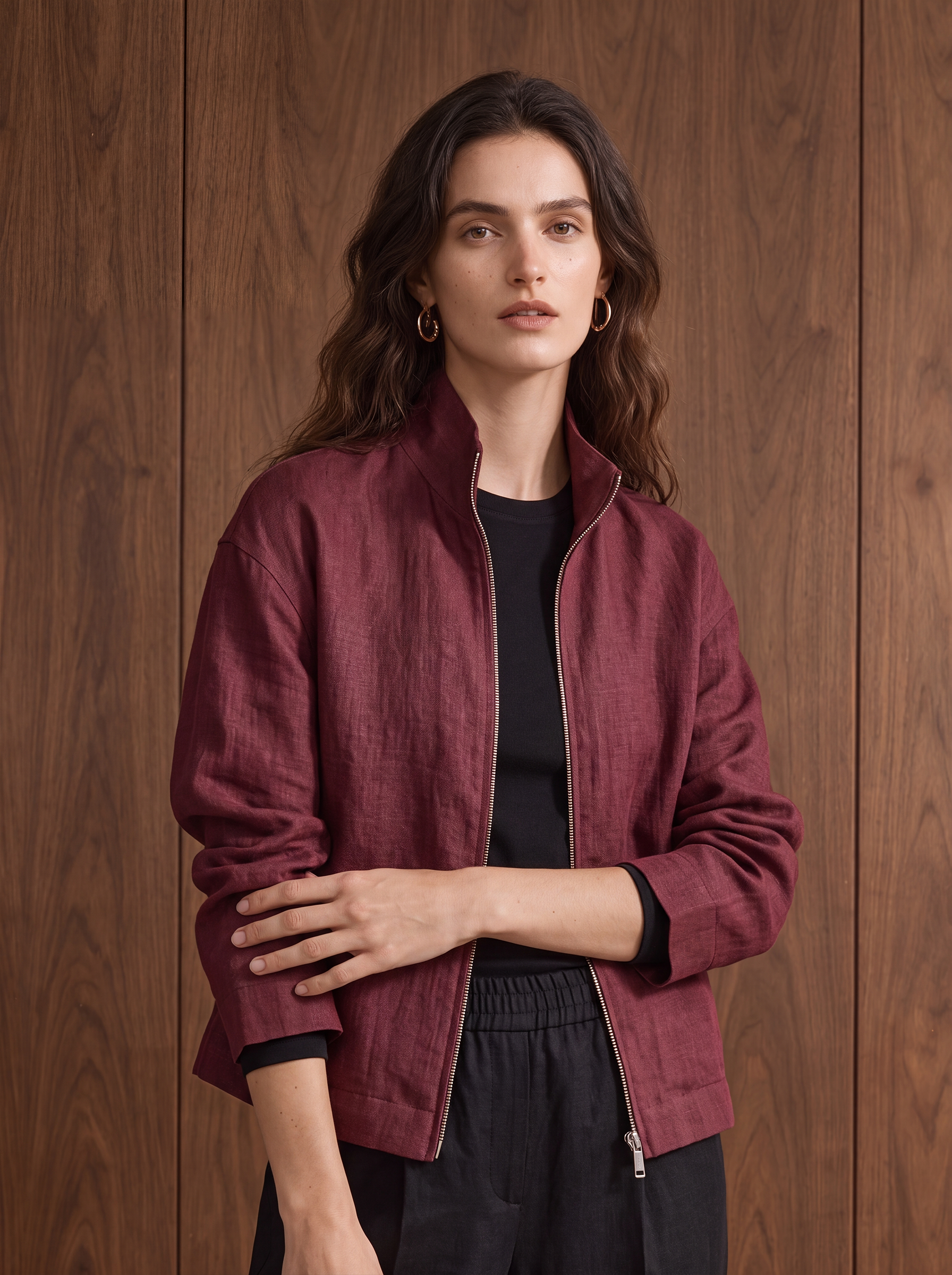 Women's LINEN BLEND SHACKET - Maroon