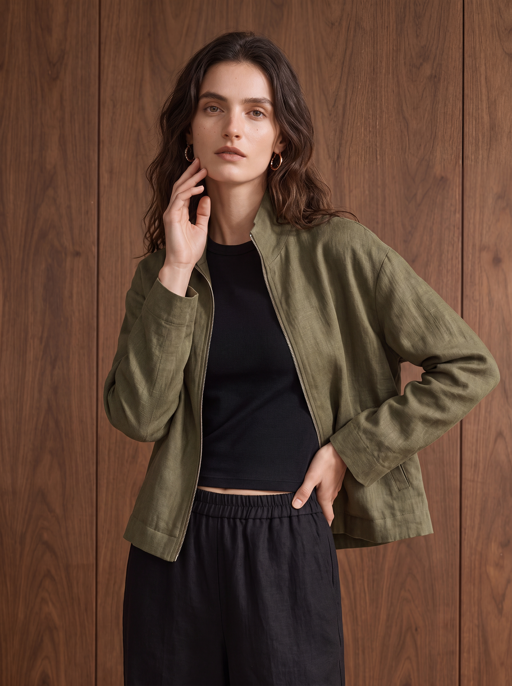 Women's LINEN BLEND SHACKET - Olive Green