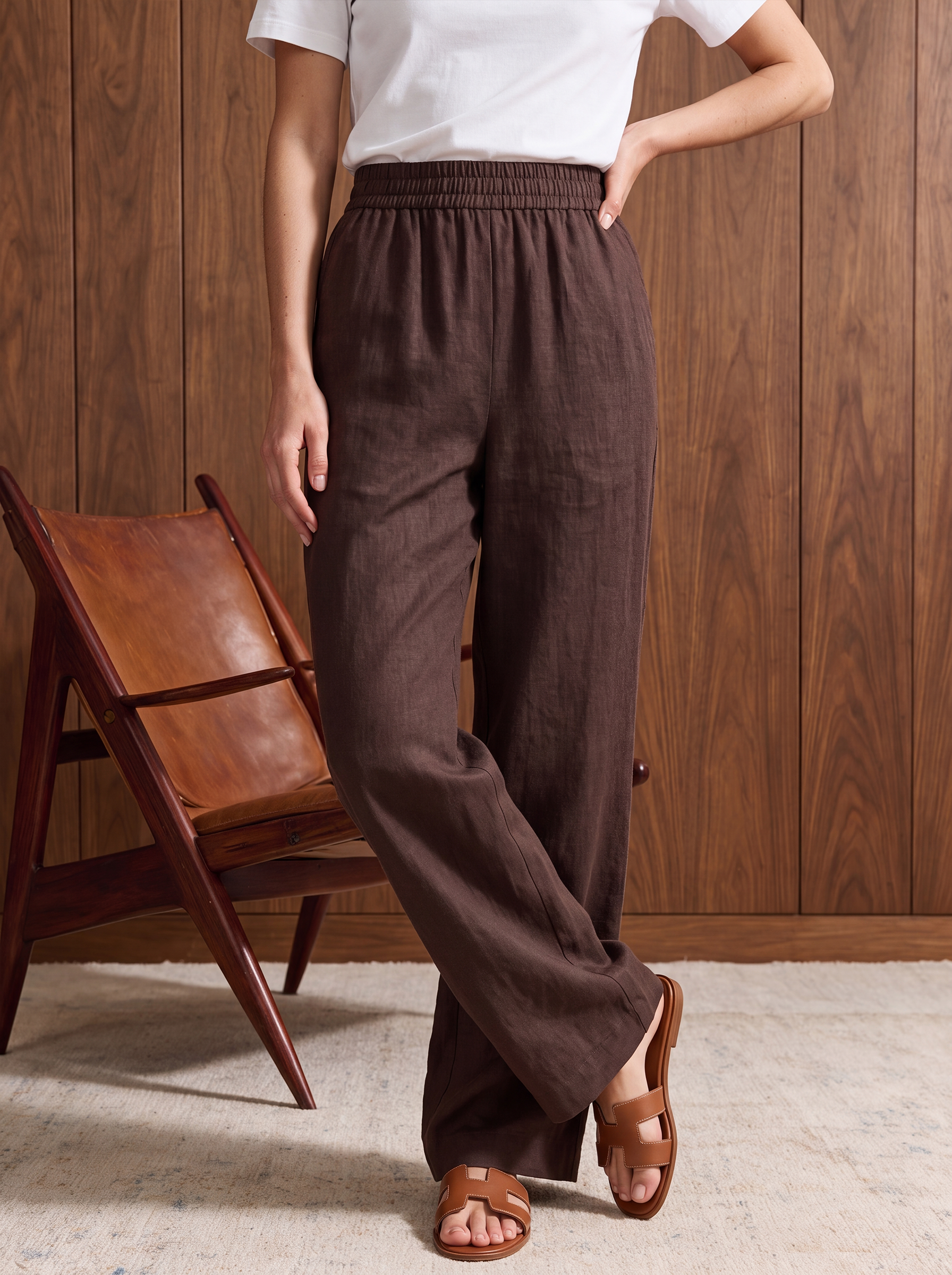 Women's LINEN BLEND TROUSER - Brown