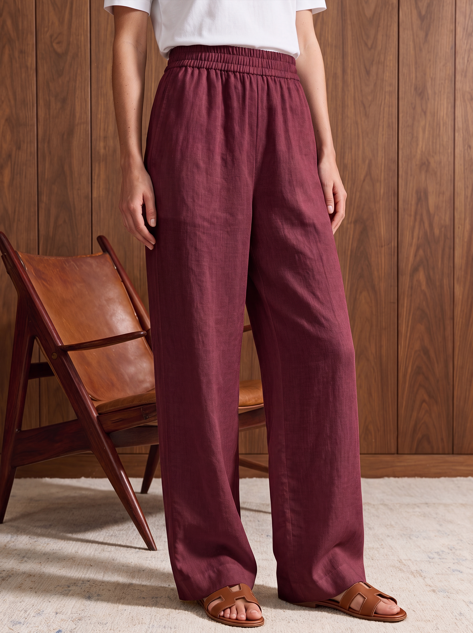Women's LINEN BLEND TROUSER - Maroon